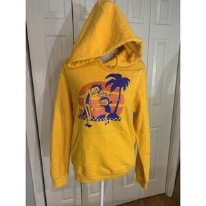 Rick & Morty Palm Tree Beach theme Yellow Hoodie Unisex Sz Small Floral Sleeve